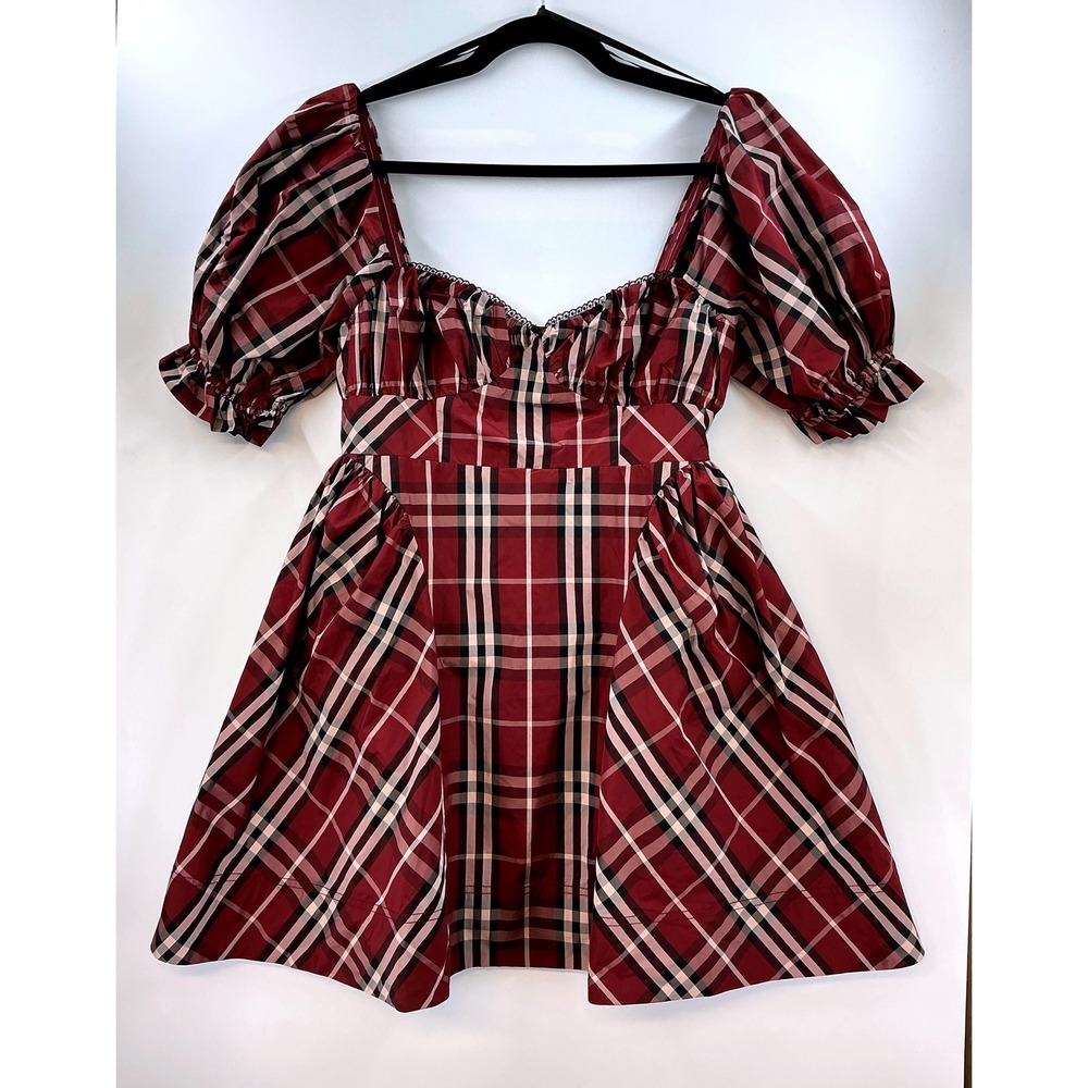 Maeve Plaid Puff Sleeve‎ Mini Dress Sz S Romantic Cottagecore Academia
